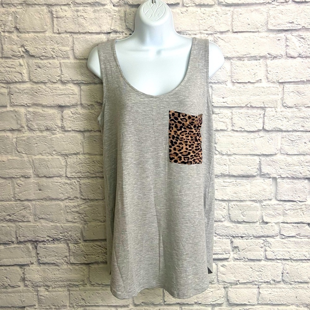 Zenana Small Gray and Leopard Pocket Tank Top